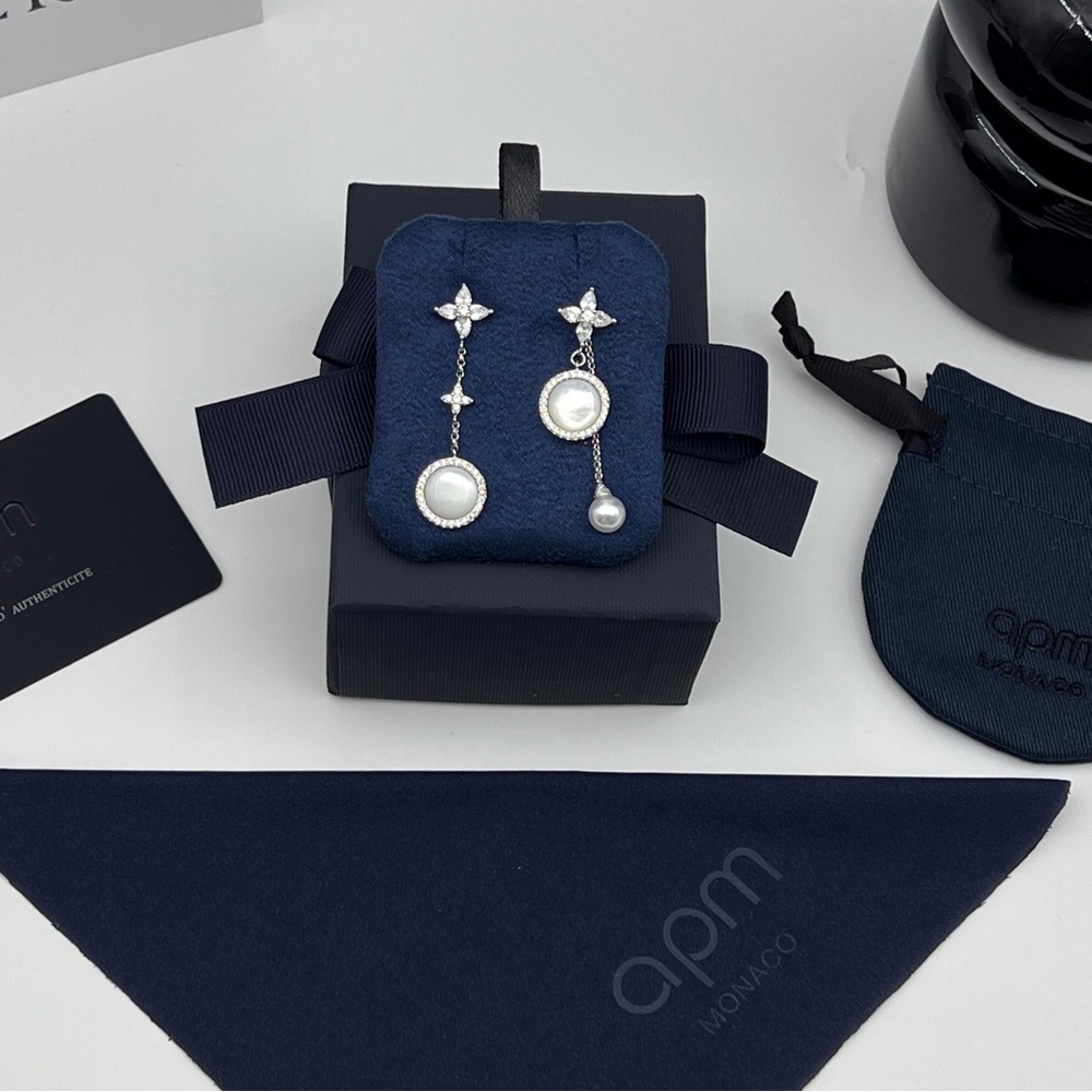 APM Monaco Asymmetrical White Mother-of-Pearl Drop Earrings - Silver